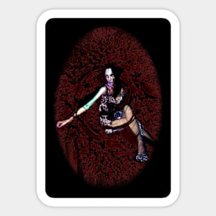 Woman in short dress, sitting in some red and black space. Weird, dark and beautiful. Sticker